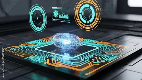 Visualización detallada de una píldora medicinal conectada a una plataforma de análisis digital que destaca las innovaciones en tecnología sanitaria.