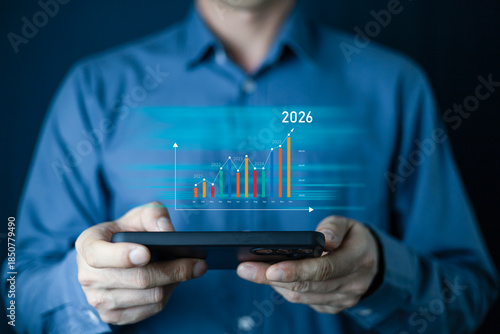 Business target 2026 .Business bar chart and line graph showing yearly business growth from 2021 to new year 2026, represent data analytics, future 2026 planning
