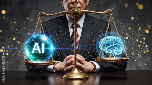 4K conceptual illustration of AI versus human intelligence on a balanced scale