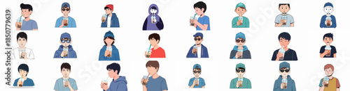 Collection of diverse youth avatars enjoying bubble tea, featuring various styles of young men drinking Boba milk tea, isolated vector illustrations set.
