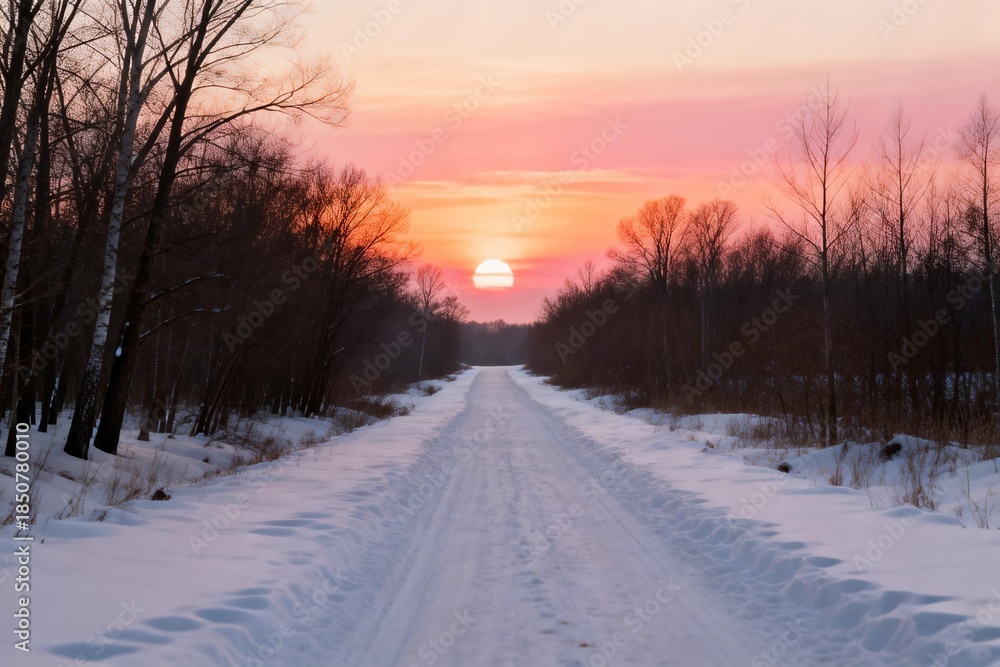 Obraz premium Snowy road at sunset with bare trees