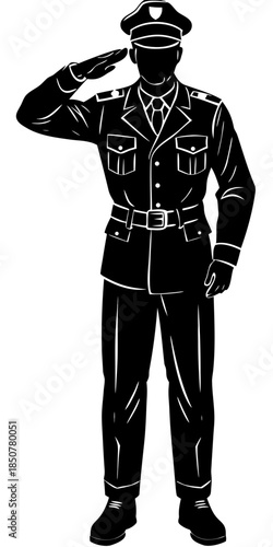 Military Soldier Saluting Silhouette: Army Officer in Uniform with Cap and Gear