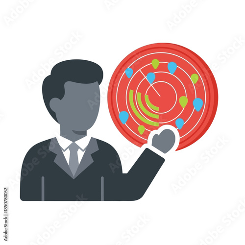 Business analyst holding radar screen displaying target tracking data analysis and strategic risk assessment for market surveillance and performance review