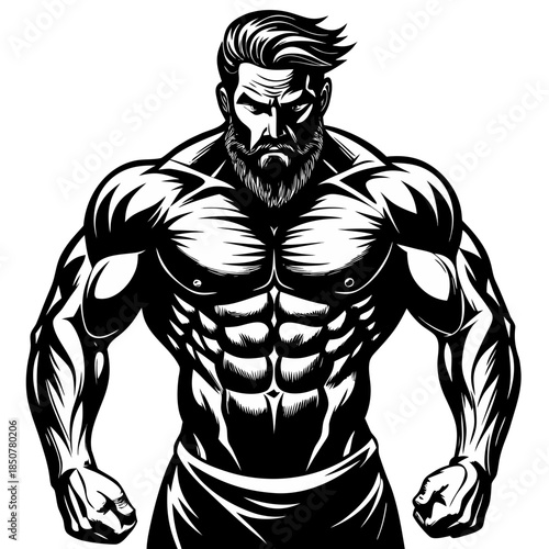 Muscular Bodybuilder Man Logo: Strong Male Figure with Defined Abs and Biceps