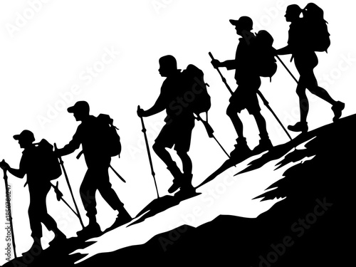 Mountain Hikers Climbing Silhouette Vector: Group Trekking Ascent on Peak Landscape