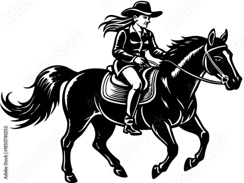 Cowgirl Riding Horse Illustration: Western Woman on a Steed in a Ranch Landscape