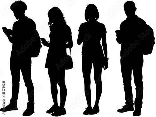 People Using Smartphones Silhouette Group: Young Adults Texting and Browsing on Mobile Devices