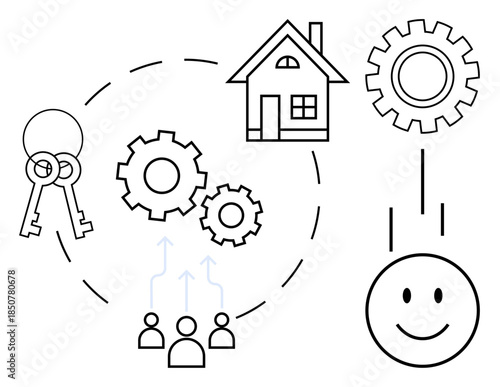 Homeownership concept. Keys and a house property icons of gears, people, and happy face teamwork, collaboration, and fulfillment. For business, real estate, housing teamwork productivity