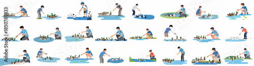 People Feeding Ducks and Waterfowl Vector Illustration Set in Parks and Ponds.