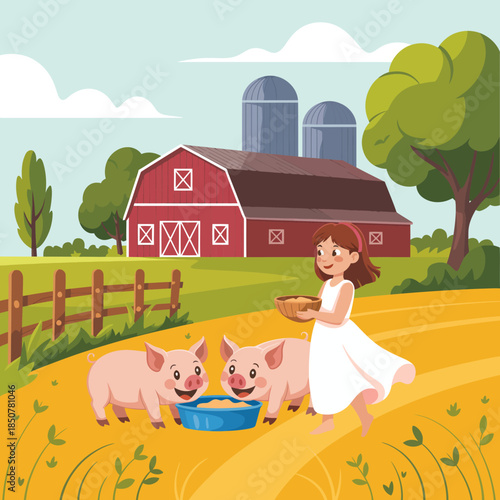 A young girl joyfully feeds two playful pigs in a sunny farm setting, highlighting the tranquility and charm of rural life, surrounded by green fields and a classic red barn.