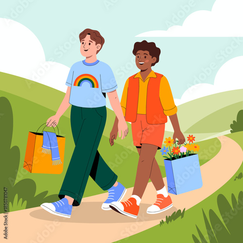 Two friends walk happily along a rural path, carrying shopping bags and flowers, embodying friendship, joy from nature, and appreciation for a simple life.