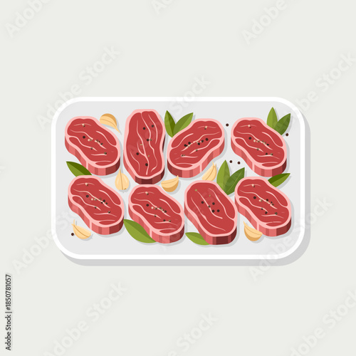 An artistic presentation of various cuts of fresh raw meat arranged on a white plate, perfect for showcasing culinary preparation and butchery expertise.