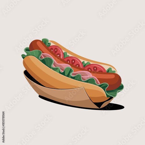 This image showcases a mouthwatering hot dog with fresh toppings, capturing the essence of casual dining and street food culture in a fun and appetizing way.