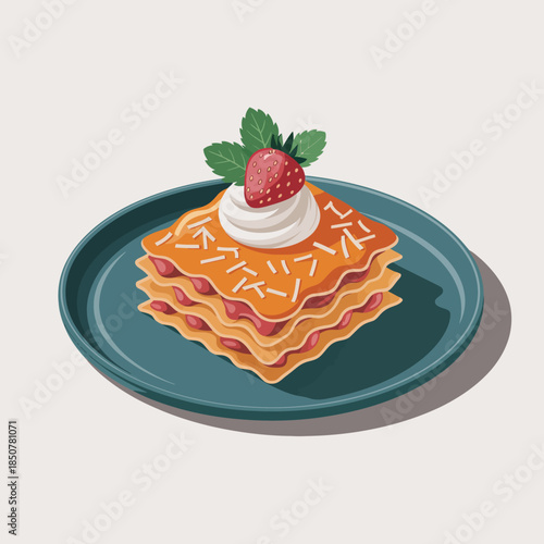 This appetizing illustration depicts a delicious serving of lasagna topped with whipped cream and strawberries, evoking cravings, warmth, and the joy of home-cooked meals.