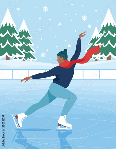 A graceful figure skater performs on an ice rink surrounded by snow-covered trees, portraying a serene winter atmosphere and the joy of skating in the cold season.