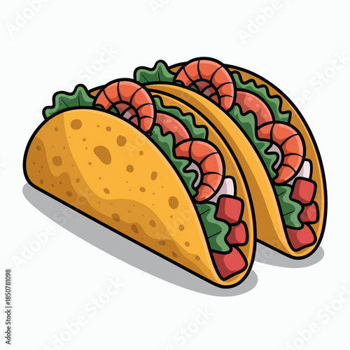 Tasty shrimp tacos filled with lettuce, tomatoes, and other fresh ingredients, exemplifying the vibrant and flavorful essence of a classic Mexican dish.