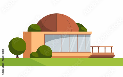 A visually striking modern house with a distinctive dome shape and lush greenery surrounding it, showcasing contemporary architecture and a serene outdoor environment.