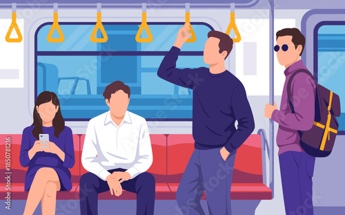 Various passengers on a train capture the essence of urban commuting, reflecting the hustle and bustle of city life in a stylishly illustrated contemporary setting.