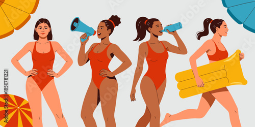 A group of attractive women in swimwear engaging with poolside activities, embodying the fun, enjoyment, and vibrant energy of summer days by the water.