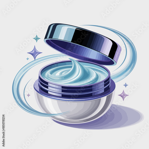 This illustration presents a stylish cosmetic cream jar, featuring captivating swirling effects, illustrating allure, beauty, and self-care in a modern design context.