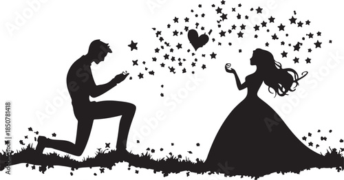 A silhouette of a happy family with a child and dog walks through a summer park landscape featuring a large tree and spring flowers in a beautiful vector illustration design