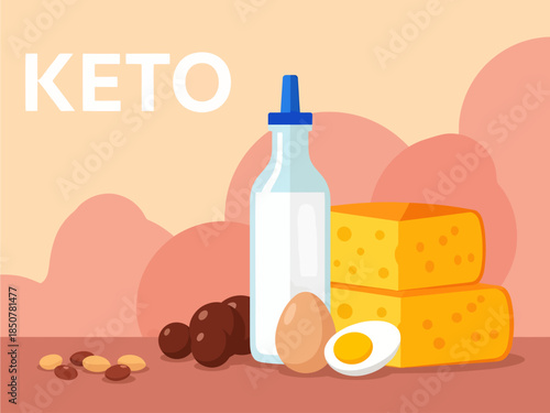 A flat vector illustration with the text "KETO" features a glass milk bottle, yellow cheese blocks, eggs, dark olives, and nuts against a soft, peachy background