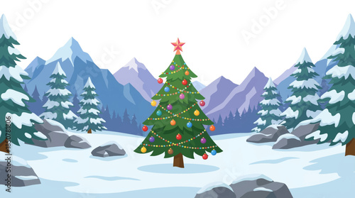 massive decorated Christmas tree stands in a snowy mountain valley, surrounded by pine forests, glowing ornaments, and winter light, creating a majestic and peaceful holiday landscape