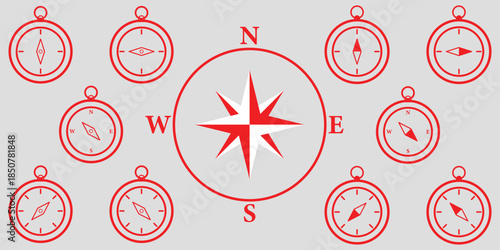 Set of diverse compass rose and navigational symbols vector illustrations. Black white line art icons for direction, travel, exploration, maritime design Compass icon vector Vintage Style Compass rose