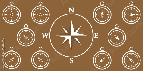 Set of diverse compass rose and navigational symbols vector illustrations. Black white line art icons for direction, travel, exploration, maritime design Compass icon vector Vintage Style Compass rose