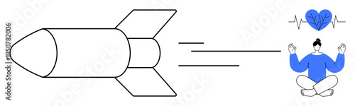War, peace, conflict, mindfulness, balance, wellness. A rocket aiming toward a meditating person under a heart and pulse symbol. Highlights concepts of conflict and inner peace