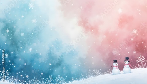 cute snowmen couple on pastel watercolor winter landscape with snowflakes