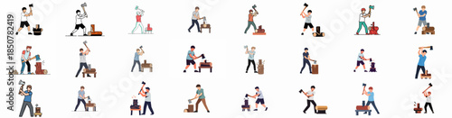 Set of illustrations depicting men chopping and splitting firewood with an axe, showing various poses and styles of strenuous outdoor labor.