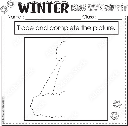Winter worksheet for kids : trace and draw a snowcap