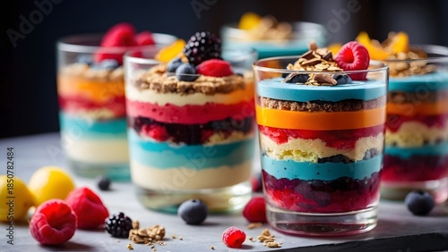 Colorful Dessert Cups Filled With Layers of Fruit, Cream, and Cake at a Celebration Event