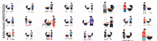 Collection of flat vector illustrations depicting people cooking hamburgers and sausages on charcoal grills for summer BBQ parties and picnics.
