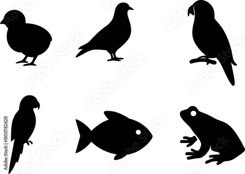 Small animal and bird silhouettes collection with parrots, pigeon, chick, fish, and frog for versatile design use.