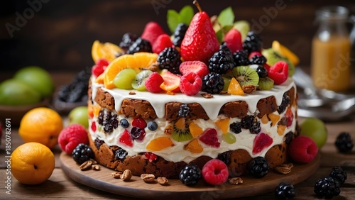 Colorful Fruit Cake on a Wooden Table With Berries, Citrus, and Cream Topping in a Bright Kitchen Setting