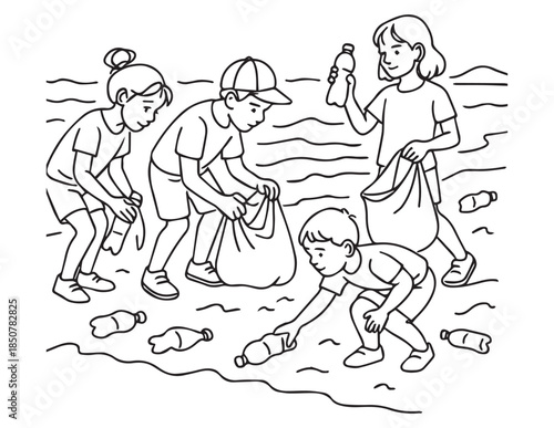 Children cleaning beach together, environmental protection line art illustration
