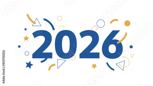 A vibrant and visually appealing illustration of the year 2026, depicted in a stylish and modern design, with abstract geometric elements.