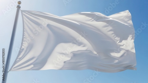 Serene, billowing white fabric flag with a smooth, slightly textured polyester material, dynamically waving in a gentle breeze against a clear, bright blue sky, presented as a clean, versatile mockup