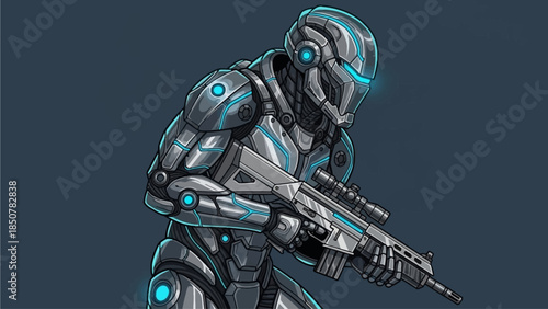 Futuristic robot soldier in combat stance with glowing blue lines