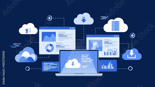 Cloud computing illustration with laptop and cloud icons symbolizing data storage and access
