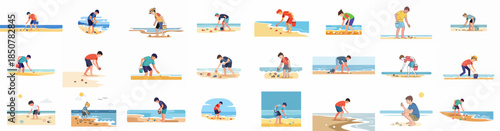 Vector illustration set of diverse people collecting colorful seashells on the sandy beach during summer holidays and leisure time.