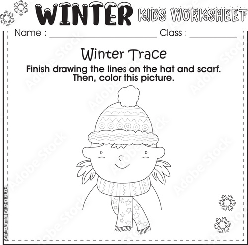 Winter worksheet for kids learning : Trace and color the picture.