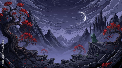 Mysterious figure overlooking fantasy castle under moonlit dark landscape