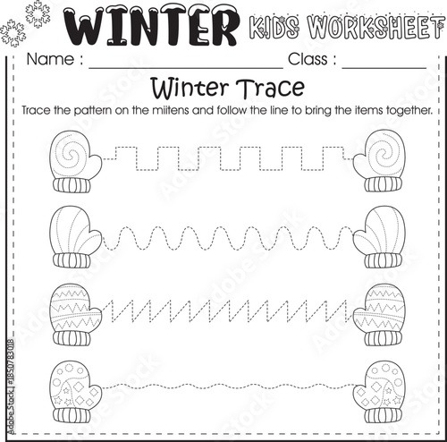 Winter worksheet for kids learning : Trace and color the mittens.