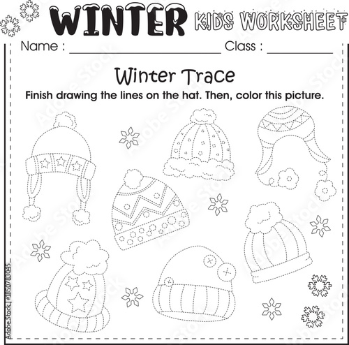 Winter worksheet for kids learning :  Trace and color the snowcap
