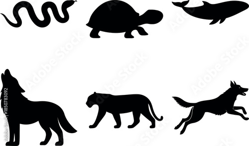Vector silhouettes of wild and domestic animals including howling wolf, running dog, tortoise, whale, and snake.