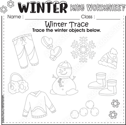 Winter worksheet for kids learning : Trace the winter objects below.