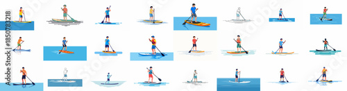Diverse Stand-Up Paddleboarding (SUP) Vector Illustrations Set: Men Paddling on Surfboards on Water, Perfect for Summer Sport Graphics.